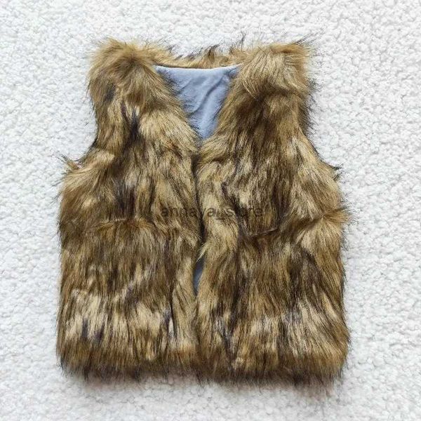 Cardigan all'ingrosso marrone pelliccia foux neonata cappotto morbido senza maniche capretto risvolto bambini gilet invernale vestiti infantile boutique abbigliamento bambinoL23116