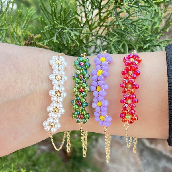 Bettelarmbänder, süße Blumen, Gänseblümchen, transparent, bunte Perlen, handgefertigt, elastisches Armband für Damenschmuck