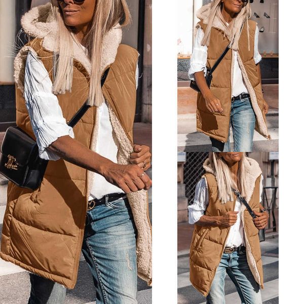 giacca invernale donna 2023 Autunno reversibile gilet senza maniche giacca in pile zip con cappuccio tasche lungo cappotto invernale caldo capispalla