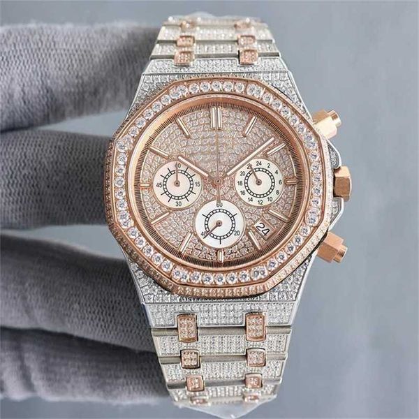 Luxuriöse AP-Uhr Mosonite Diamond Vs Factory Handgefertigtes importiertes Quarz-Zeitwerk für Herren, 40 mm, mit diamantbesetztem 904l-Saphir-Damenarmband aus Stahl