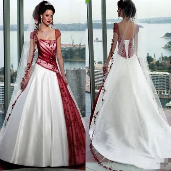 Vintage branco e borgonha uma linha vestido de casamento para mulheres pescoço rendas apliques manga plus size gótico espartilho país jardim longo vestidos de noiva