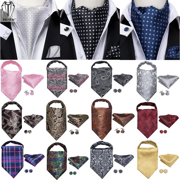 Gravatas Hi-Tie Silk Mens Ascots Hanky Cufflinks Set Jacquard Paisley Floral Cravat Gravata Auto Vintage Ascot Preto Cinza Vermelho Ouro Rosa Azul 231117