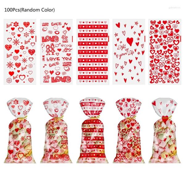 Confezione regalo 100 pezzi Sacchetti di cellophane a forma di cuore di San Valentino con lacci intrecciati Bomboniere per biscotti al cioccolato M6CE