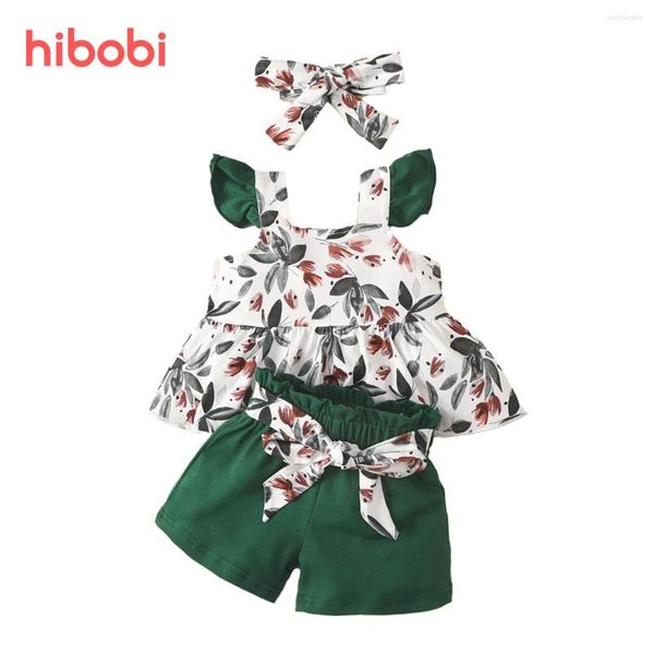 Roupas para roupas Hibobi Roupos de menina bebê doce Floral-Sleeve Top Solds Solls Shorts com faixa para a cabeça por 0 a 18 meses