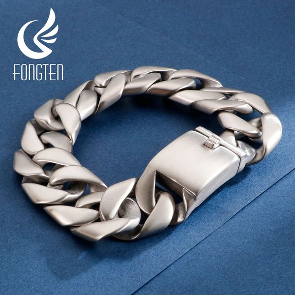 Manschette Fongten Silber Farbe Matte Stahl Armband für Männer Breite Kubanische Link Kette Punk Hip Hop Armbänder Armreifen Mode Schmuck männer Geschenk 231116