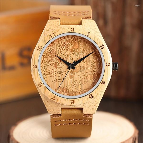 Armbanduhren Kreative Carving Phoenix Bambus Herrenuhr Original Holz Arabische Zahl Quarzuhr Männliches Echtes Leder Armreif Sport Geschenk