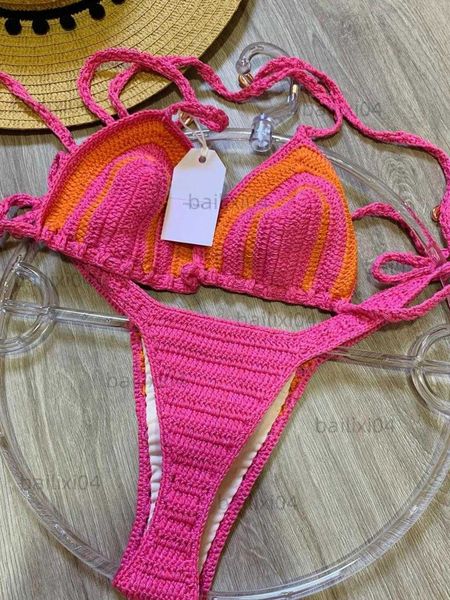 Menas de banho feminina feminino de tecido de crochê de crochê se sexy 2022 maiô de banho ajustável de aranha de banho de banho de banho rosa feminino com boho beachwear de boho