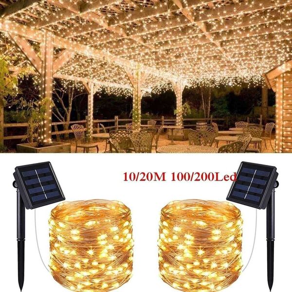 Cordas de LED 10/20m 100/200LEDS Luzes de corda solar 8 Modos Luzes de fadas de fadas de cobre alimentadas por solar