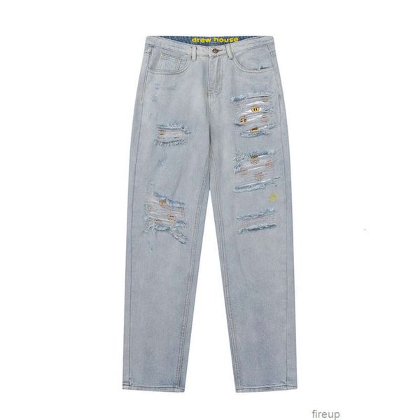 Designers Casual Pant Mens Trousers Sweatpants Drew Trendy Smiley Face Patch Torn Denim Jeans Ouyang Nana Matching High Street Loose Fitting Mens Womens Straight Le