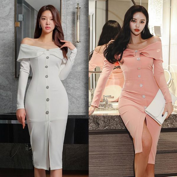 Casual Kleider Luxus Sexy Gerader Kragen Frauen Schlank Mantel Sommer Mode Diamanten Dekor Knielangen Koreanisch Split Elegantes Kleid