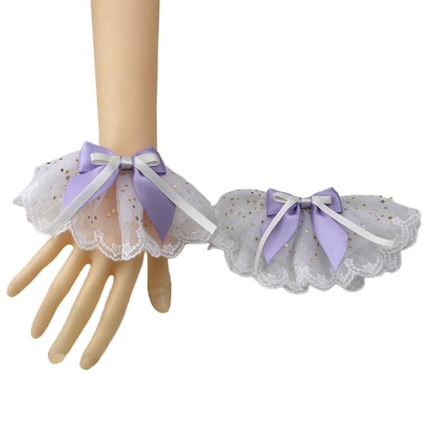 Guanti a cinque dita Polsini da polso con maniche finte Lolita Bracciale Cosplay Bowknot con paillettes arricciato in pizzo