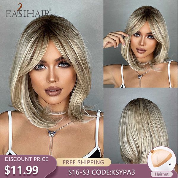 Synthetische Perücken Easihair Brown Root Ombre Blonde Synthetische Perücken Mittellanges Naturhaar für Frauen Cosplay mit Pony Hitzebeständig 230227