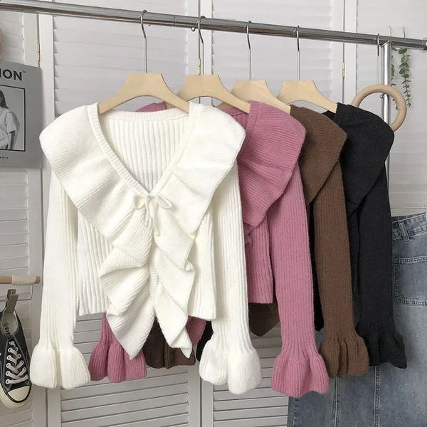 Kadın Sweaters Sonbahar Kış Vneck Flouce Uzun Kollu Külot Kazak Kadın Kore Moda Sokak Giyim Giyecek Giyim 231116