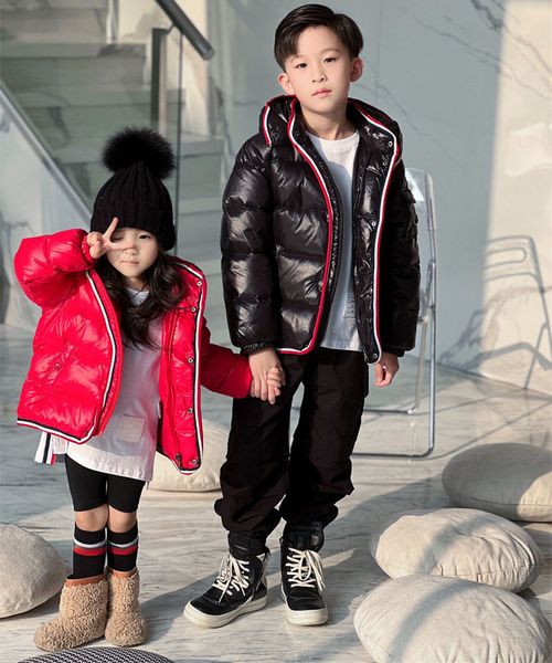 Designer crianças com capuz puffer para baixo casacos moda inverno à prova de vento preto listra vermelha meninas meninos puff jaquetas outwear crianças jaqueta casaco roupas de bebê