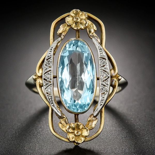 Кольцо-пасьянс Huitan, винтажные двухцветные кольца с цветочным дизайном для женщин, инкрустированные небесно-голубым камнем, эстетические украшения, подарок для вечеринки, подарок-сюрприз 231117