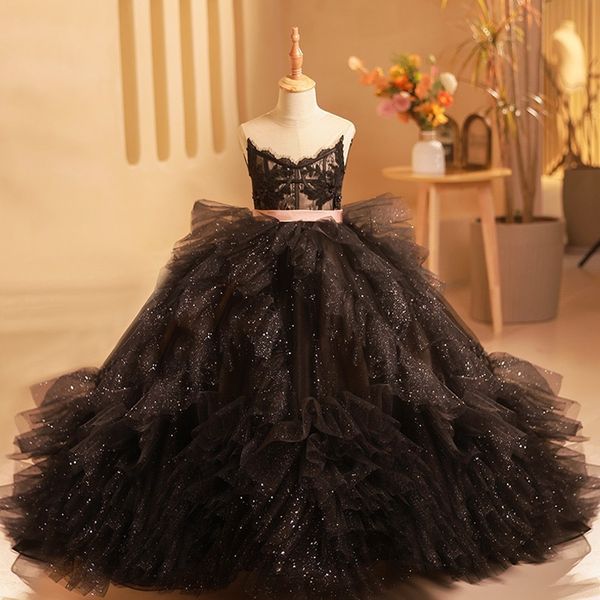 Vestido de esfera vestidos de menina de flor para casamento novo preto rosa miçanga de renda aplicada a criança vestido de concurso para garotas de vestido de concurso Swee