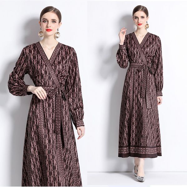 Brown Side Bow Belted Mulher Envoltório Vestido Designer Robe Manga Longa V-Neck Slim Férias Maxi Vestidos 2023 Outono Inverno Imprimir Runway Casual Party Frocks Plus Size