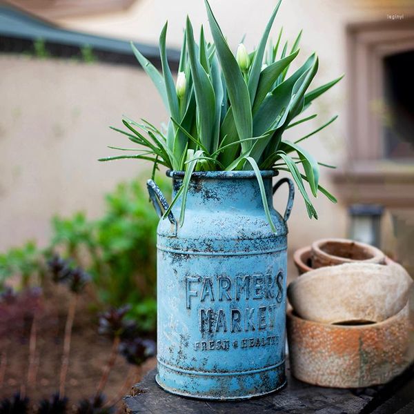 Plantadores vintage azul binaural de ferro forjado Flor Flower Pot Shop American Felra e vaso