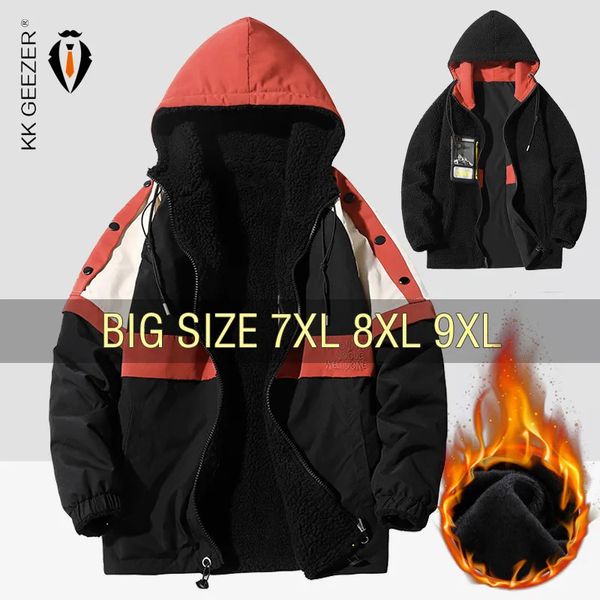 Herren Daunenparka Winterjacke Herren Kaschmir Doppelseitiger Mantel Übergröße 7XL 8XL 9XL Plus Size Fleece Dick Warm Lose Kapuze Flanell Windschutz 231117