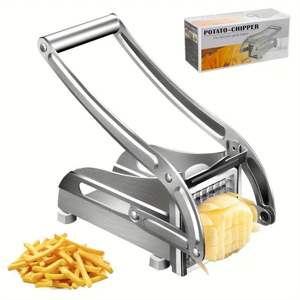 Tagliapatate 1pc, affettatrice per patatine fritte a 2 lame in acciaio inossidabile con base di aspirazione antiscivolo, perfetta per l'uso con friggitrice ad aria, tritatutto e cubettatrice di verdure, accessi alla cucina