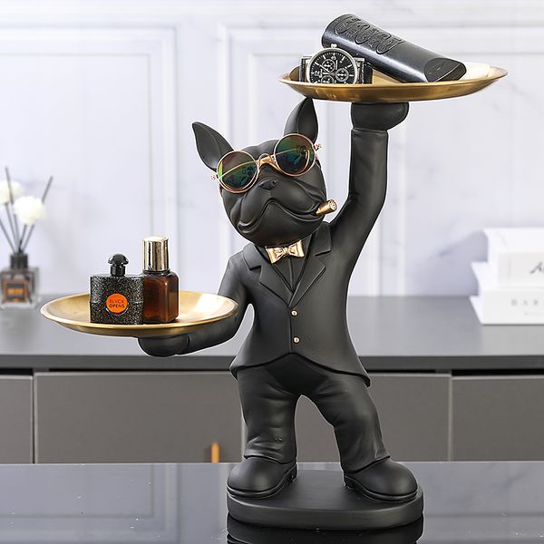 Outra decoração da casa Cool Standing Standing French Bulldog Resina estátua 2 bandejas Cão estatueta ornamento decoração de casa esculturas de animais para decorações de casa Presente 230417