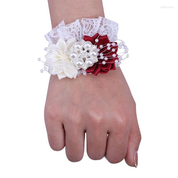 Dekorative Blumen Braut Brautjungfer Handgelenk Corsage Schwestern Gruppe elastisches Armband Strass Perle DIY Kostüm Zubehör Hochzeit Requisiten