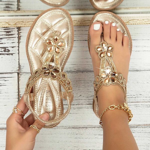 Hausschuhe Damen Strass Sandalen Slingback Wedges Elastischer Knöchelriemen Bohemian Beach Metallic Strass Dekor Thong Sandalen Zapatos J230417