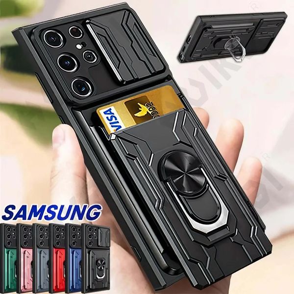 Handyhüllen Hülle für Samsung Galaxy S23 S22 S21 Ultra Plus S20 FE A34 A54 A24 A53 A14 A13 4G 5G Slide Kamera Kartenhalter 360 Ringabdeckung 231117