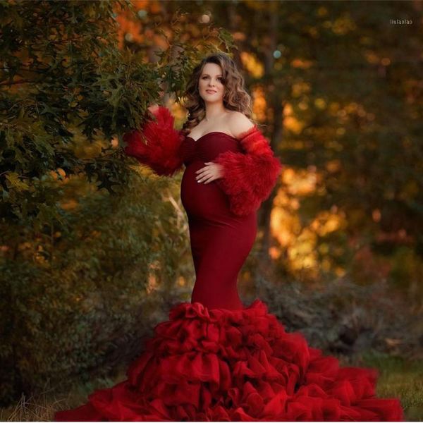 Abiti casual Splendida sirena rossa lunga maternità Pography maniche lunghe volant fondo in tulle abito da spettacolo modesto da donna