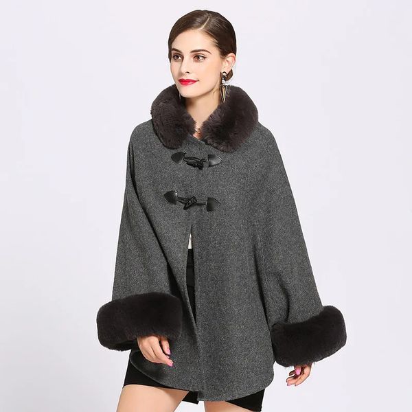 Kadın Cape Office Lady's Casual Winter Pelerin Sahte Kürk Yamalı Patchwork Kadın Yün Pelerinler Gevşek Kalın Aline Zarif Ceket Sıcak Ceket Poncho 231117