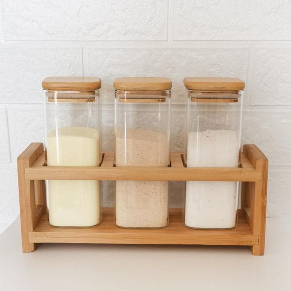 Garrafas de armazenamento frascos quadrados de qualidade com acessórios de cozinha em casa de bambu rack 3pcs/set