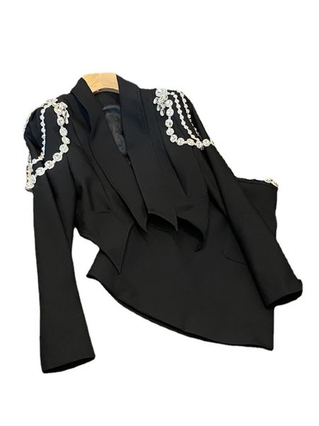 Outono preto cor sólida strass conjuntos de vestido de duas peças manga longa lapela pescoço frisado blazers topo com bolsos saia curta conjunto ternos de duas peças o3n022246