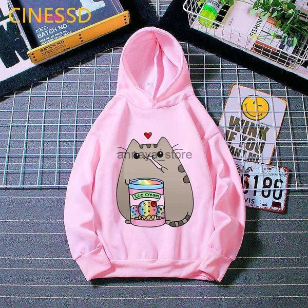 Daunenmantel KAWaii Kinderkleidung Kaffee Katze Liebe Eis Tierdruck Rosa Hoodie Mädchen Harajuku Lustiges Sweatshirt Kinderkleidung CoatL23116