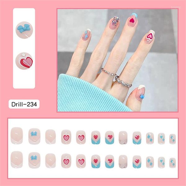 Falso unhas 24pcs fresco amor doce arco curto aptreionce unhas patch de jóias de diy removíveis suaves