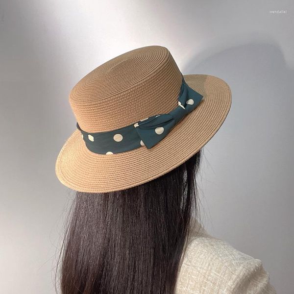 Hüte mit breiter Krempe, hochwertige, flache Oberseite, Fedora, Sonne, für Frauen, Sommer, Stroh, UV-Punktband, Strandhut, Damen, Party