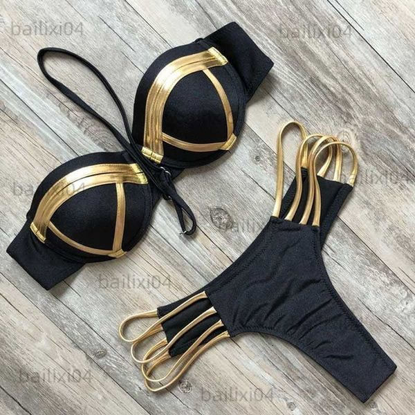 Damen Bademode Sexy Extreme Bandage Bikini Set 2022 Mujer New Gold Schwarz Glänzend Brasilianischer Push-Up-Badeanzug Frauen Gepolsterte Bandeau-Badebekleidung Biquini T230417