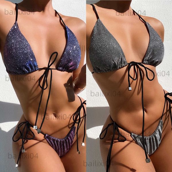 Damen Bademode Bikini 2022 Sexy Glänzender Halter Bademode Badeanzug Frauen Tanga Bikinis Set Badeanzug Strand Bikini Weiblich Grau / Lila Banadores T230417