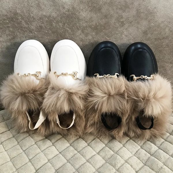 Зимние детские меховые туфли принцессы для маленьких девочек, брендовые кожаные шлепанцы, детские тапочки без шнуровки, модные модельные туфли на плоской подошве для малышей, обувь для мальчиков 231116