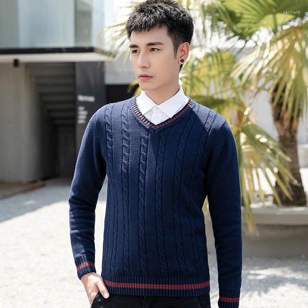 Camiscedores masculinos Autumn e Winter Pullover Versão coreana de suéter V Casual masculino casual Mangas compridas