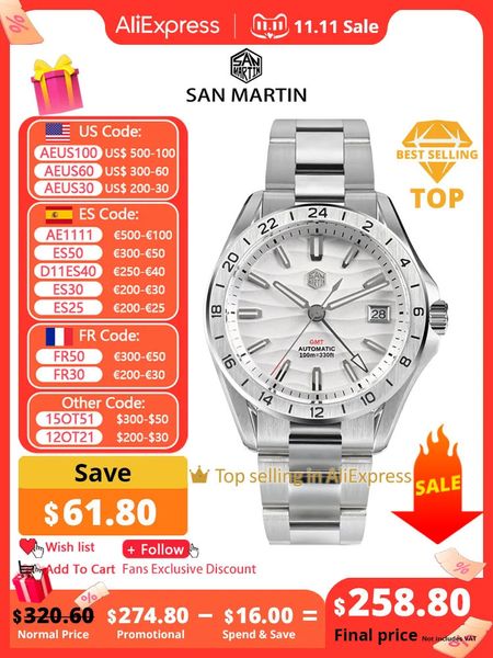 Другие часы San Martin 39 мм Роскошные мужские деловые часы GMT Часы NH34 Автоматические механические окошечки даты Водонепроницаемые 100 м Светящиеся SN0129 231117