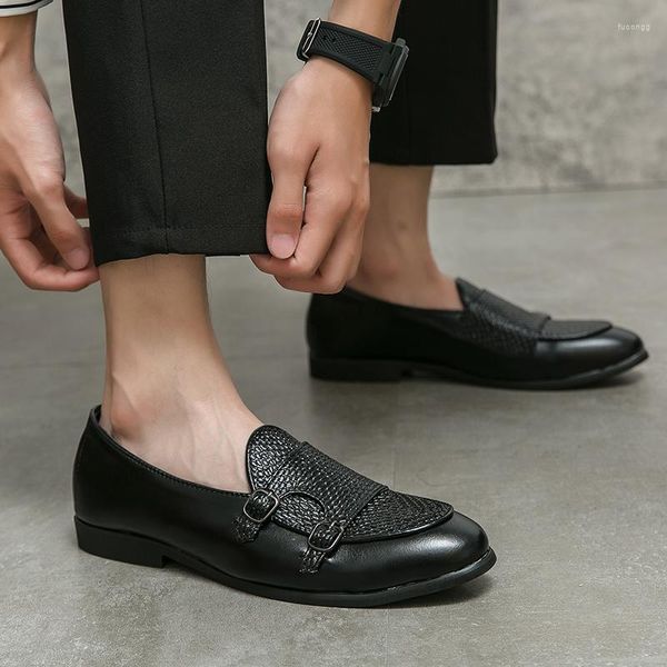 Abendschuhe 2023 Herren Loafer Braun Schwarz Pu Atmungsaktiv Doppelschnalle Mönchsschuh Mokassin Cuir Pour Party Lässig