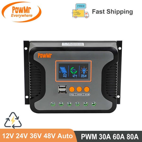 30A 60A 80A PWM Solar Charger Controller 12V 24V 36V 48V Auto Max PV 100VDC com porta USB dupla Regulador de exibição LCD LCD