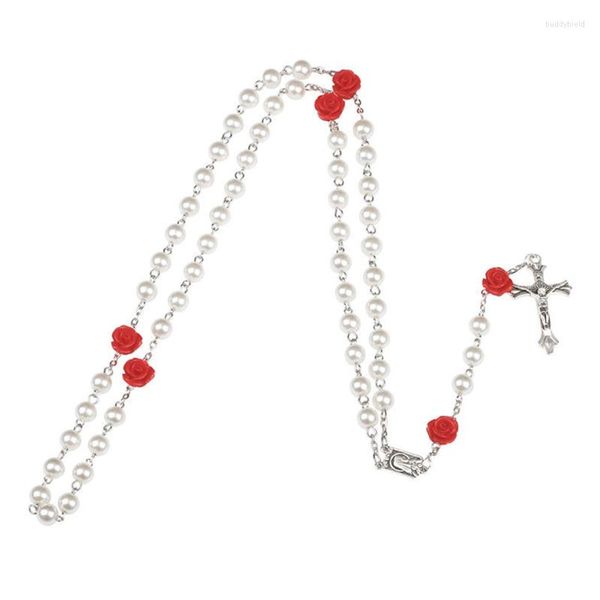 Ketten G6DF Perlen-Rosenkranz-Korn-Halskette Katholisch mit Heiliger-Boden-Medaille Kreuz-Anhänger Christlicher religiöser Geschenk-Schmuck