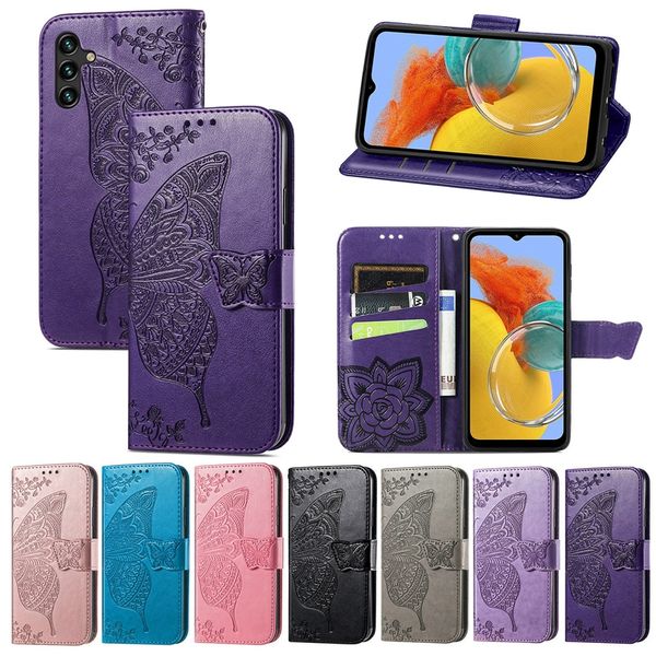 Custodie Big Butterfly per Samsung A05 A05S A54 5G A04E A34 A14 4G A04E F04 A24 M14 Moto G54 5G G84 Edge 40 Neo Portafoglio Portafoglio in pelle con fiore in pizzo Slot per scheda Flip Cover Pouch