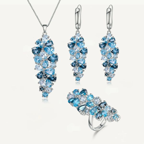 Conjuntos de jóias de casamento GEM S BALLE Design Azul Topázio Gemstone Anel Brincos Pingente Conjunto 925 Sterling Silver Luxury Birthstone para Mulheres 231117