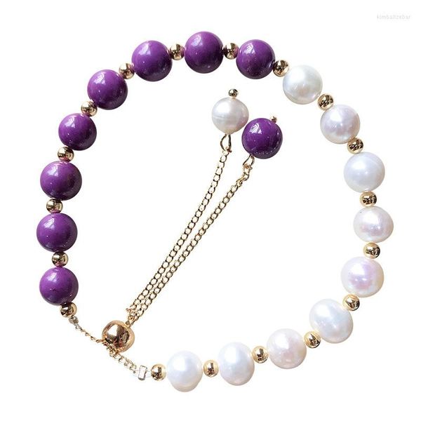 Braccialetto di perle d'acqua dolce di mica viola all'ingrosso con perle tonde Braccialetti di dimensioni regolabili per gioielli di moda da donna fidanzata