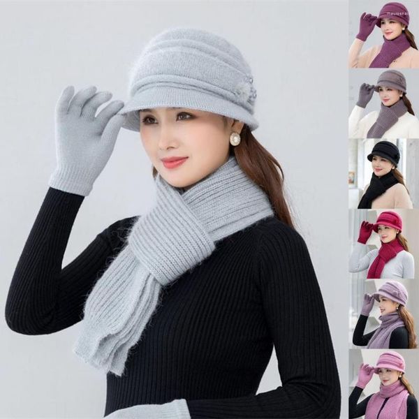 Visiere 1 Set Mütze Schal Handschuhe Trendy Einfarbig Hoch Dehnbar Frauen Winter Strickmütze Fäustlinge Für Verabredungen