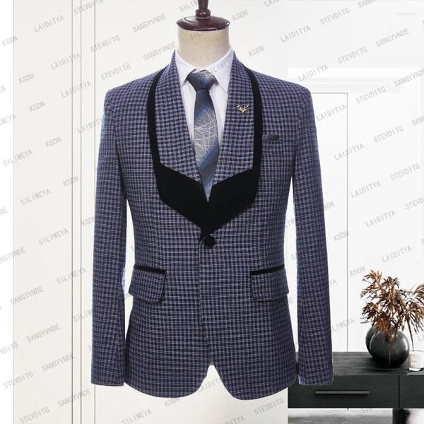 Abiti da uomo 2023 Uomo Festa di nozze Estate Blu Bianco Reto Plaid classico Casual Business Giacca con risvolto nero Giacca slim fit Blazer Coat