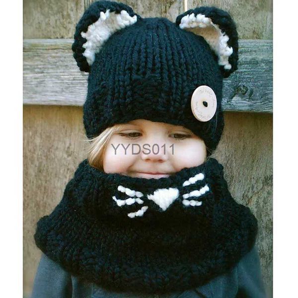 Beanie/Totenkopfkappen Baby Gestrickter Hoodie Schal Mädchen Junge Schwarze Katze Hut Schal Set Stricken Pashmina Cowl Wrap Niedliche Winter Kinder Button Beanies YG149 YQ231117