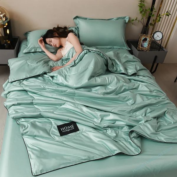 Conjuntos de cama Luxo Verão Quilts Suave Emulação Silk Cetim Acolchoado Quilt Máquina Lavável Ar Condicionado Consolador Colcha Cobertor Fino 231116